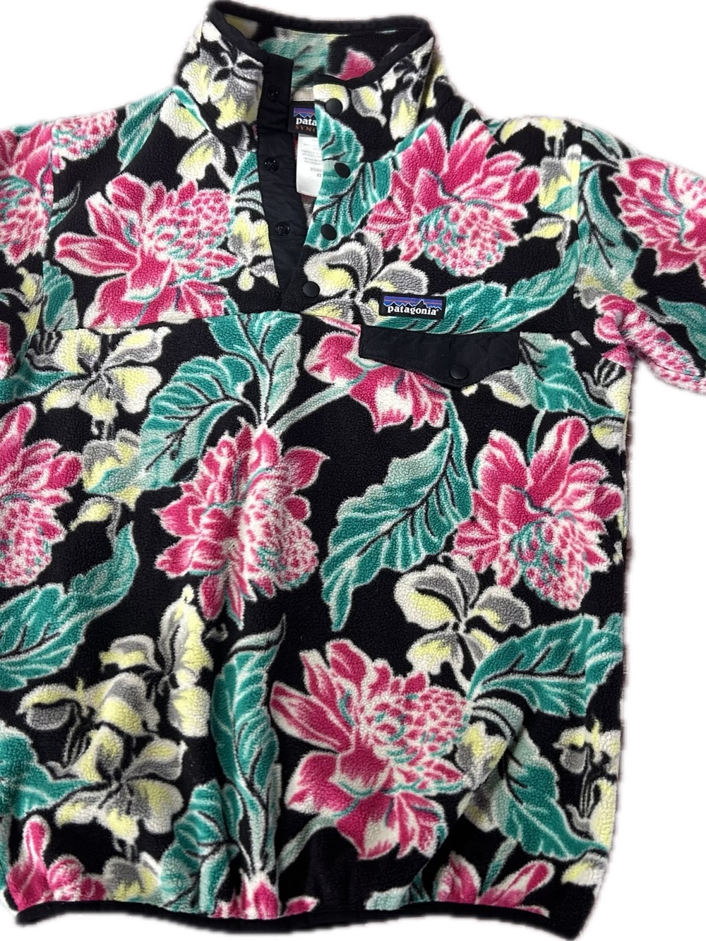 Patagonia Floral Snap-T Fleece Pullover - Black with Pink & Teal Floral
